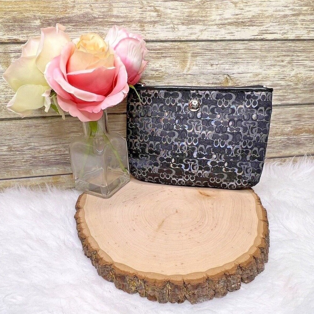 COACH Black Optic Silver Gray Metallic Embroidered Black Purse Clutch Pouch Bag